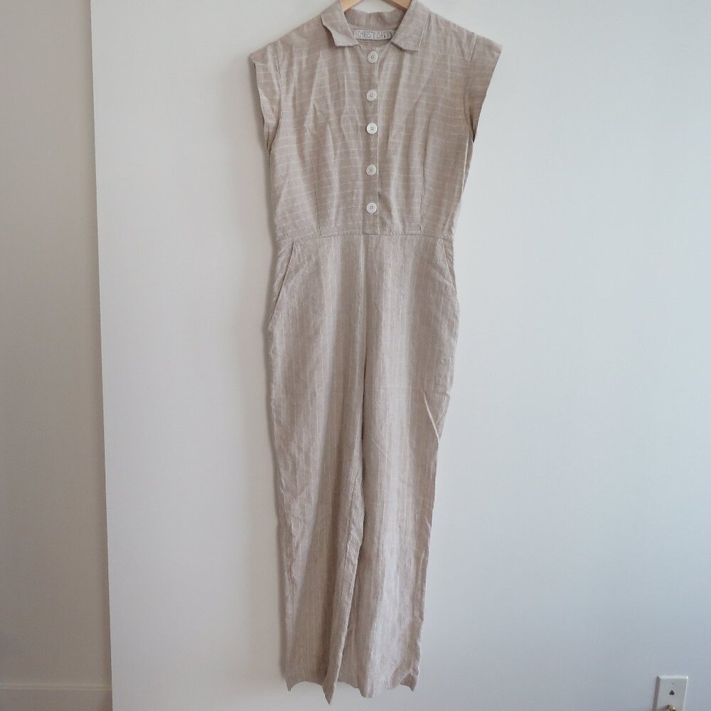 CHRISTY DAWN Phoebe Jumpsuit 100% Linen in Striped Tan Neutral - Size M - Picture 2 of 15